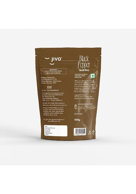 Jivo Black Pepper Whole Natural Peppercorns | Premium Kali Mirch Perfect For Cooking, Baking & Seasoning No Artificial Colors, Preservatives, Or Taste Enhancers Pepper- 100G