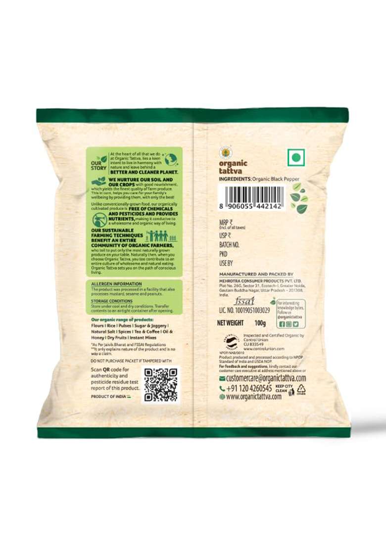Organic Tattva Tattva, Gluten Free Black Pepper/Kali Mirch - 100G | Naturally Processed, From Farm Picked Fresh Natural Seeds, No Artificial Additives - Indya