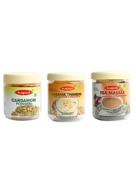 Kapol Premium Tea Masala (100 Grams), Kesariya Thandai Cardamom Powder (20 Grams) - Combo Of 3