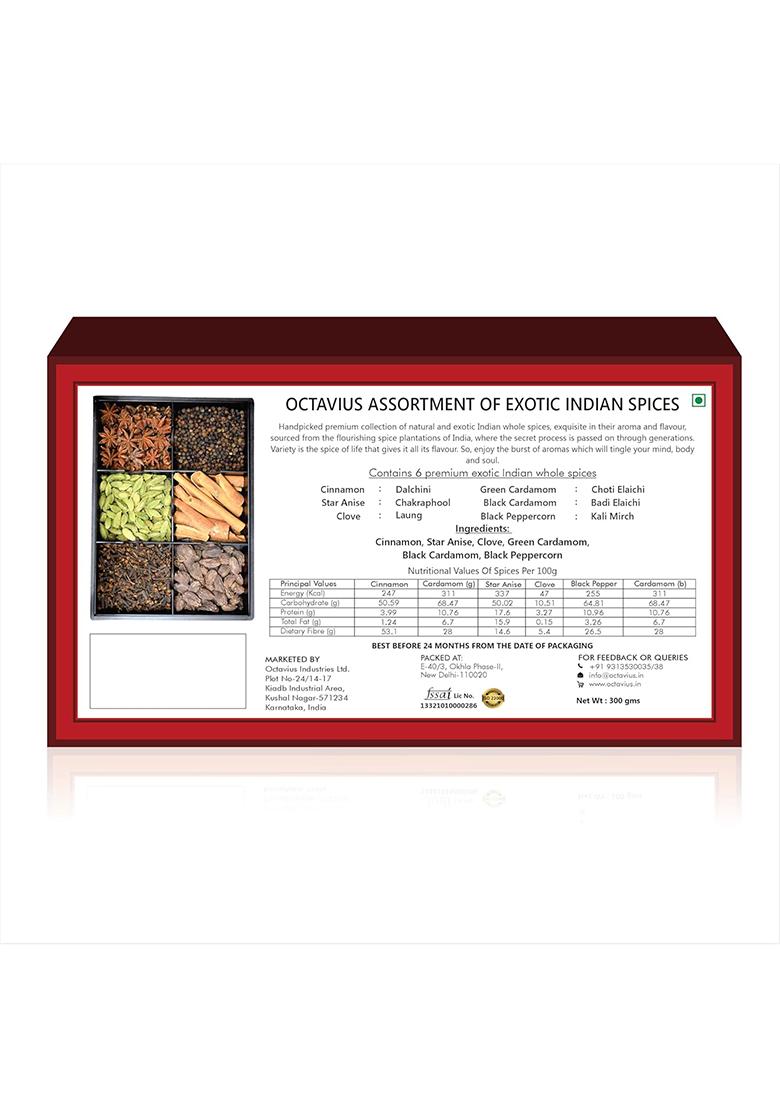Octavius Indian Spice Collection- 300 Gm | Assorted 6 Whole Spices Wooden Gift Box Masala Corporate Gifts