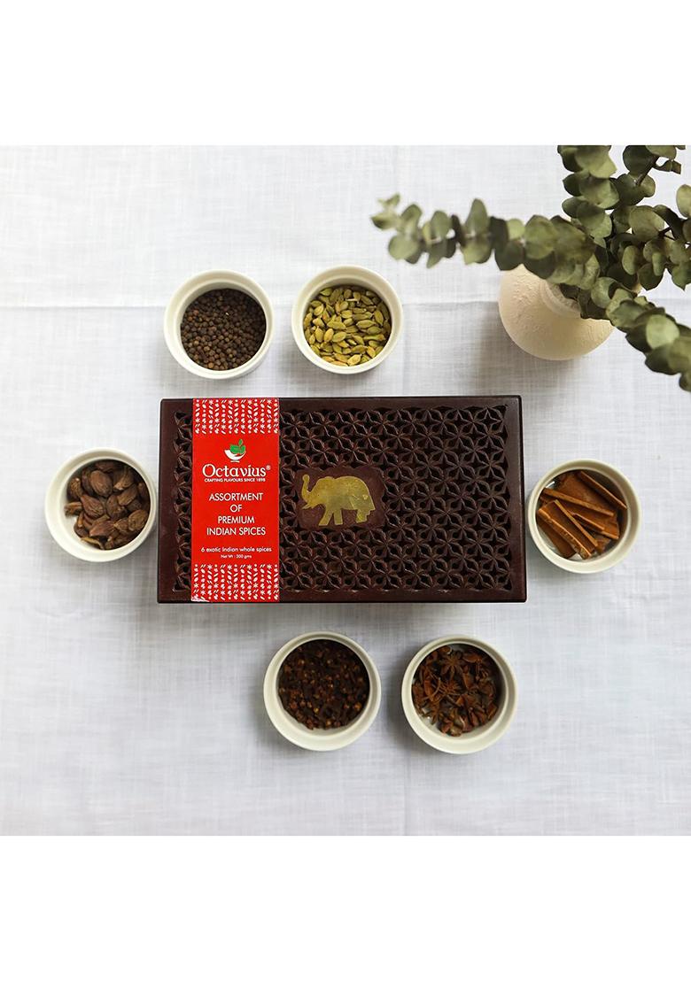 Octavius Indian Spice Collection- 300 Gm | Assorted 6 Whole Spices Wooden Gift Box Masala Corporate Gifts