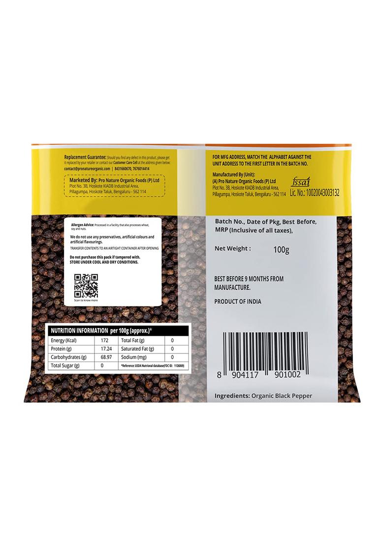 Pro Nature 100% Organic Black Pepper (Whole), 100 Gram