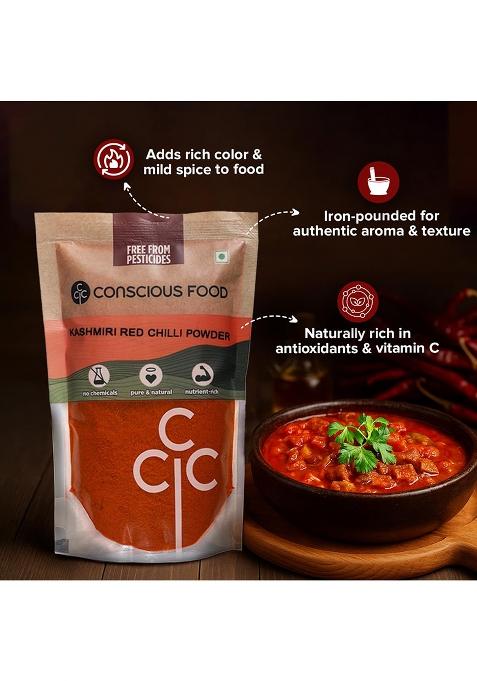 Conscious Food Kashmiri Red Chilli Powder | 200G (100G X 2) Iron-Pounded 100% Natural
