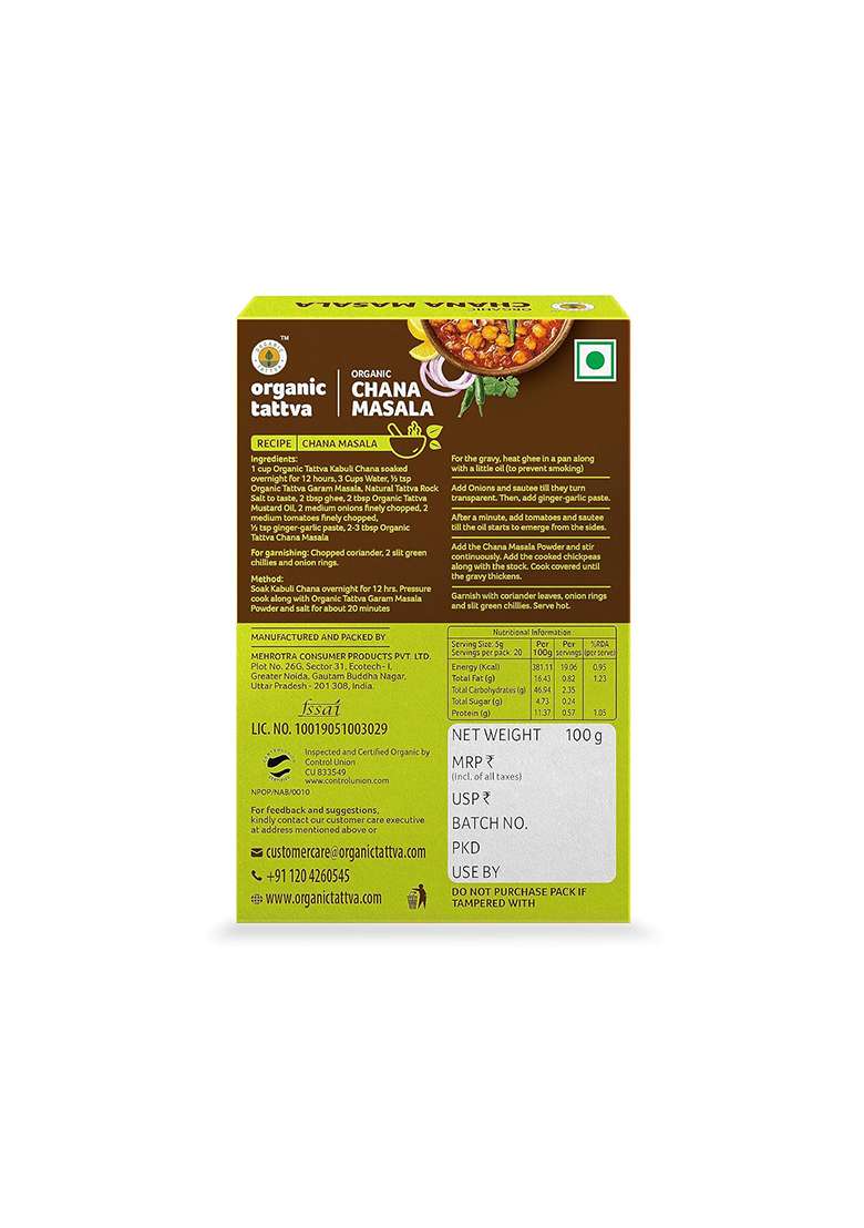 Organic Tattva Tattva, Chana Masala - 100 Gram | Pesticide And Chemical Free With Natural Oils Rich Aroma Naturally Gluten Pack Of 1 - Indya