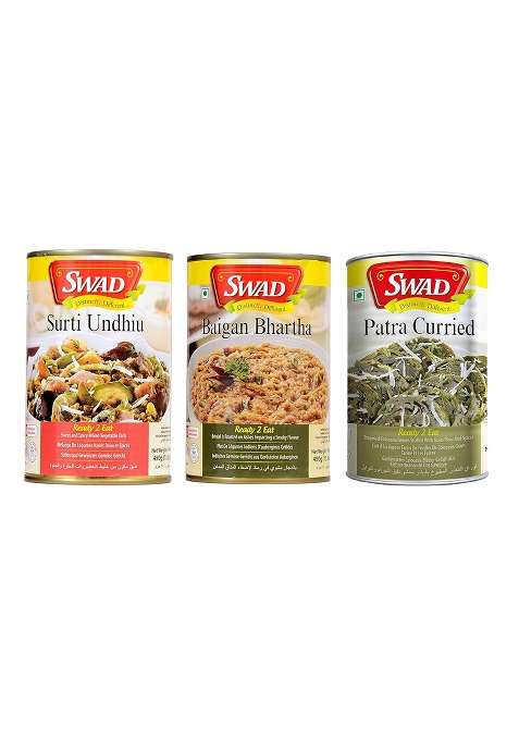 Swad Ready To Eat Gujarati Combo Pack Of Surti Undhiu/Patra Curried/Baign Bharta Instant Mix Vegetarian With No Added Preservative And Colours - 450Gm Each (Pack 3)