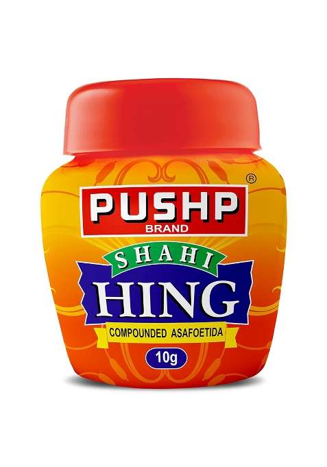Pushp Brand Shahi Hing | 10 G Strongest Powder Asafoetida Quality Blend No Preservatives (Pack Of 1)