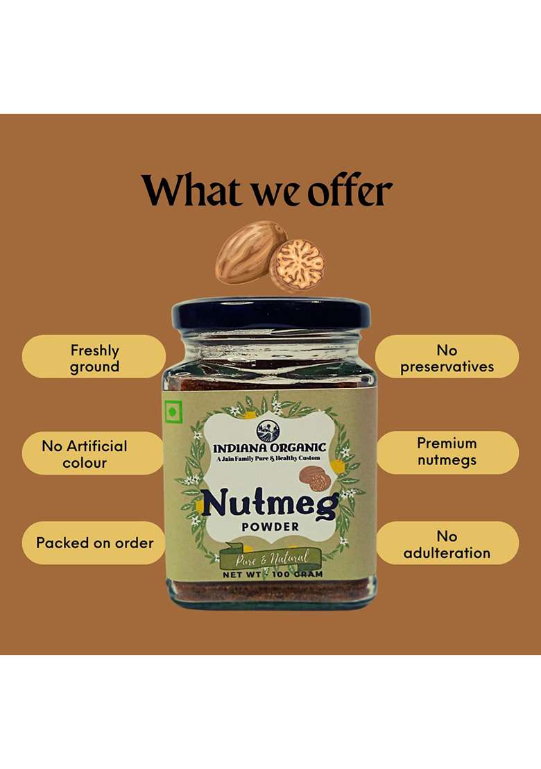 Indiana Organic Jaiphal Powder | Nutmeg Jathikai Packed On Order Fresh Zero Added Colours, Fillers, Additives & Preservatives 100 Gram Ground - Indya