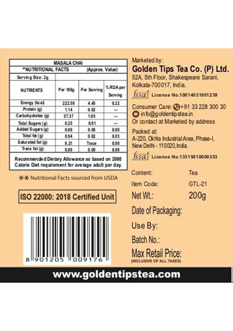 Golden Tips Masala Chai, Classic Indian Spiced Tea With Natural Black Tea, Ginger, Cardamom, Cloves & Cinnamon, Rich, Bold Aromatic (200 Gram, 100 Cups)