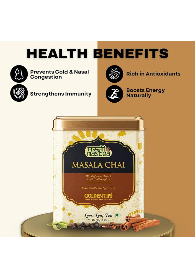 Golden Tips Masala Chai, Classic Indian Spiced Tea With Natural Black Tea, Ginger, Cardamom, Cloves & Cinnamon, Rich, Bold Aromatic (200 Gram, 100 Cups)