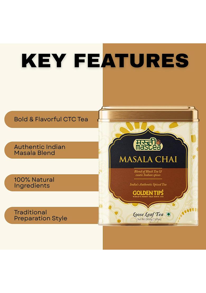 Golden Tips Masala Chai, Classic Indian Spiced Tea With Natural Black Tea, Ginger, Cardamom, Cloves & Cinnamon, Rich, Bold Aromatic (200 Gram, 100 Cups)