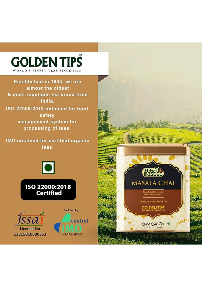 Golden Tips Masala Chai, Classic Indian Spiced Tea With Natural Black Tea, Ginger, Cardamom, Cloves & Cinnamon, Rich, Bold Aromatic (200 Gram, 100 Cups)