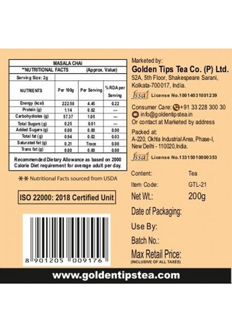 Golden Tips Masala Chai, Classic Indian Spiced Tea With Natural Black Tea, Ginger, Cardamom, Cloves & Cinnamon, Rich, Bold Aromatic (200 Gram, 100 Cups)