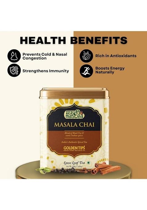 Golden Tips Masala Chai, Classic Indian Spiced Tea With Natural Black Tea, Ginger, Cardamom, Cloves & Cinnamon, Rich, Bold Aromatic (200 Gram, 100 Cups)