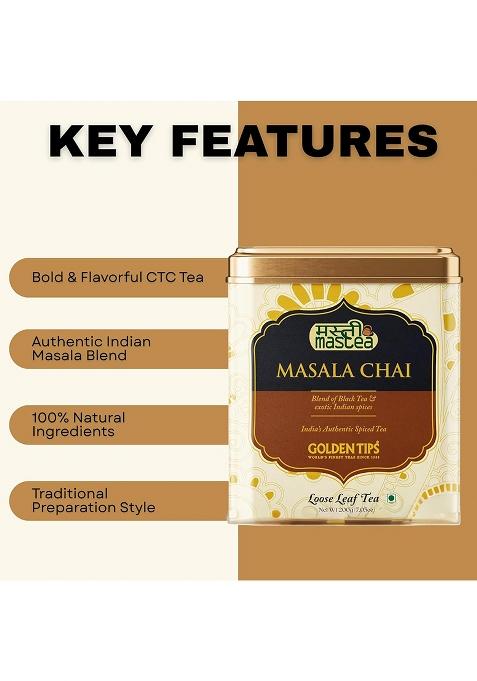 Golden Tips Masala Chai, Classic Indian Spiced Tea With Natural Black Tea, Ginger, Cardamom, Cloves & Cinnamon, Rich, Bold Aromatic (200 Gram, 100 Cups)
