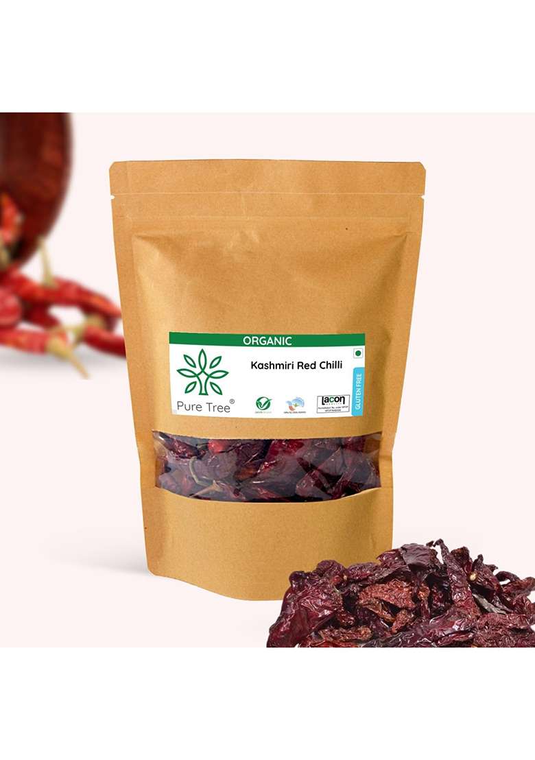 Pure Tree Certified Organic Kashmiri Lal Mirch | 100 Gm Red Chilli Whole Sabut Strong Smoky Spice Dry - Indya