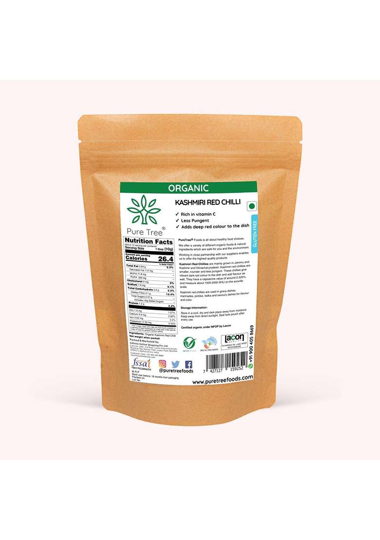 Pure Tree Certified Organic Kashmiri Lal Mirch | 100 Gm Red Chilli Whole Sabut Strong Smoky Spice Dry - Indya