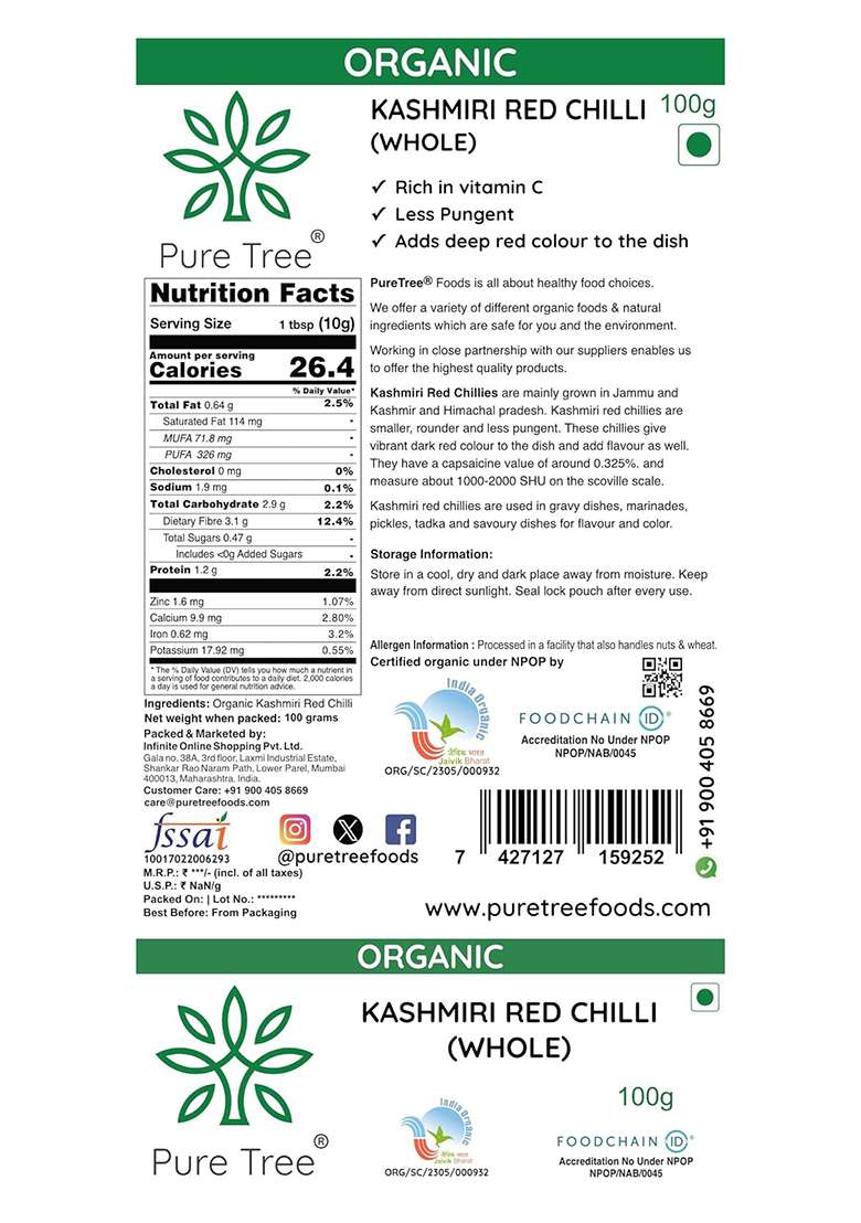 Pure Tree Certified Organic Kashmiri Lal Mirch | 100 Gm Red Chilli Whole Sabut Strong Smoky Spice Dry - Indya