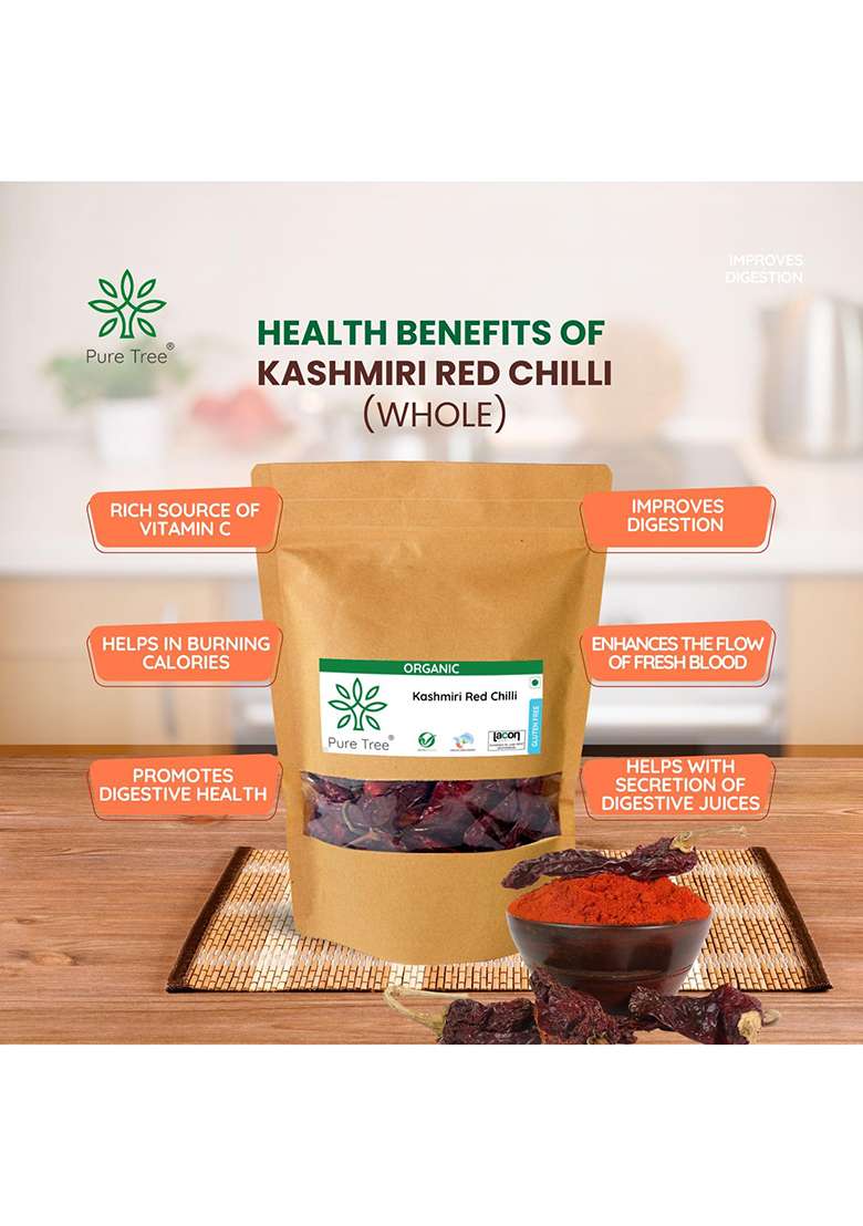 Pure Tree Certified Organic Kashmiri Lal Mirch | 100 Gm Red Chilli Whole Sabut Strong Smoky Spice Dry - Indya