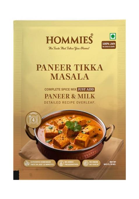 Hommies Dhaba Style Jain Paneer Tikka Masala Curry Spice Mix | No Onion Garlic Ready To Cook In 15 Mins Just Add & Milk Authentic Serves 4 Preservatives Pack Of (200G, 50G Each)