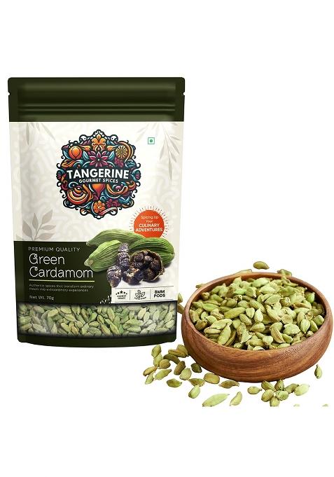 Tangerine Gourmet Spices Whole Cardamom (Elaichi) | Highest 8Mm Grade 70 Grams Resealable Pouch Fresh And Fragrant