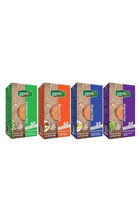 Senso Instant Tea Premix (Masala + Ginger Cardamom Plain) Elaichi Sachets | Assorted Combo Elaichi, & Masala Pack Of 4 Flavours