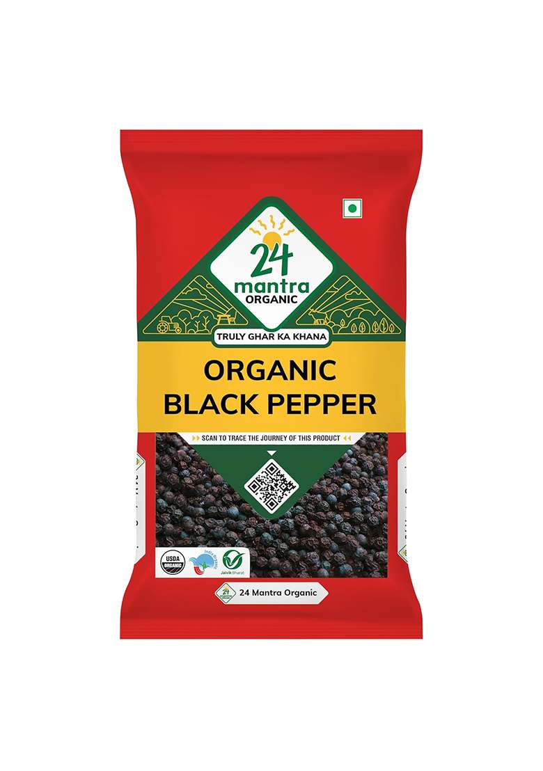 24 Mantra Organic Black Pepper - 100Gms | Pack Of 1 Chemical Free & Pesticides Unadulterated Rich Flavour - Indya