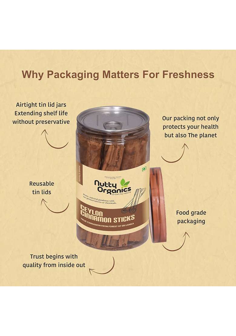 Nutty Organics Ceylon Cinnamon Sticks 100 Gm | Authentic Srilankan Dalchini Aromatic & Flavourful Packed In Premium Jar - Indya