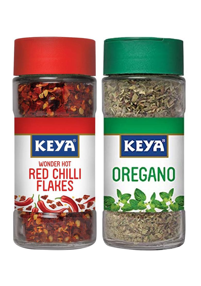 Keya Oregano(Freeze Dried), Pizza/Pasta Seasoning, Imported Herb Sprinkler 10Gm & Red Chilli Flakes, Dry Flakes Seasonings, Aromatic Spicy Dried Pizza Pasta Seasoning 40Gm