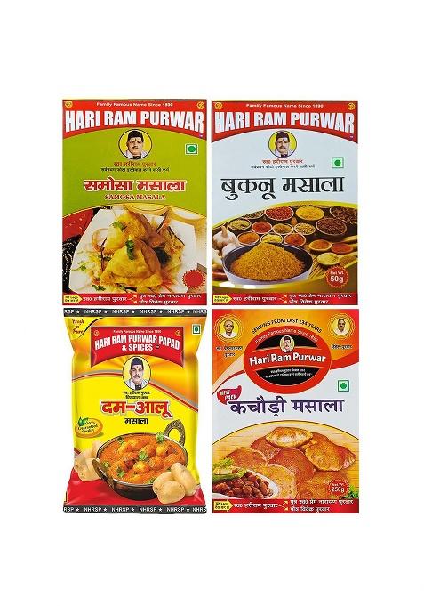 Generic Hari Ram Purwar Combo Of Dum Aloo Masala, Kachori Samosa Masala (100 Gms Each) Buknu Powder 50 | Pack 4 Allahabad Special Spices Net Weight 350