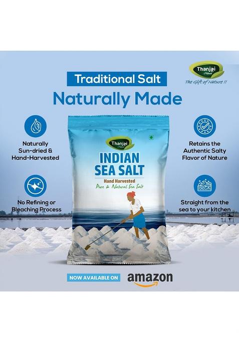 Thanjai Natural Indian Sea Salt, 1Kg | Crystal Form Traditionally Hand-Harvested & Sun-Dried 100% Natural, No Artificial Iodine, Additives, Hygienically Packed