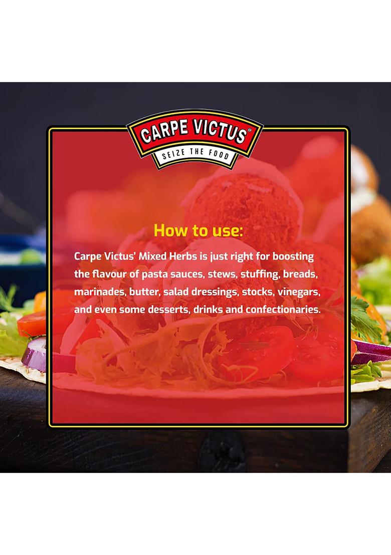 Carpe Victus No Onion Garlic Jain Mixed Herbs Seasoning For Italian Cuisine, Premium Blend Of Aromatic Seasonings And Cooking, Fine Quality Spice Mix Pasta & Pizza, 100 Grams