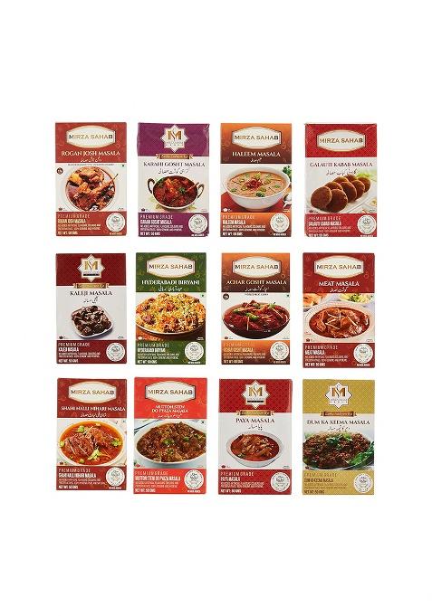 Mirza Sahab Aalishan Mutton Spices Kit Nalli Nihari Paya Meat Rogan Josh Stew Do Pyaaza Kaleji Galauti Kabab Karahi Gosht Dum Ka Keema Hyderabadi Biryani Haleem Achar Gosht, Variety Pack, 21.16 Oz 600 G