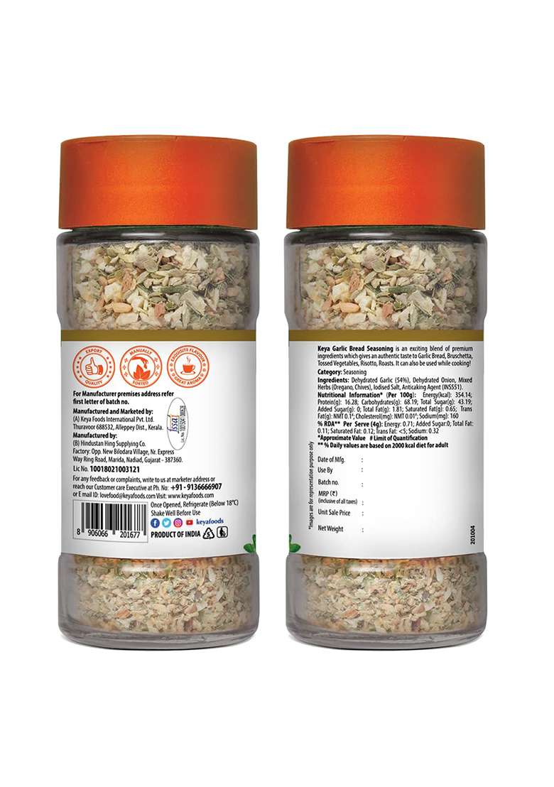 Keya Garlic Bread Seasoning |All Natural & Healthy Spice Blend| Glass Bottle | Premium Herbs And Spices I No Preservatives 50G - Indya