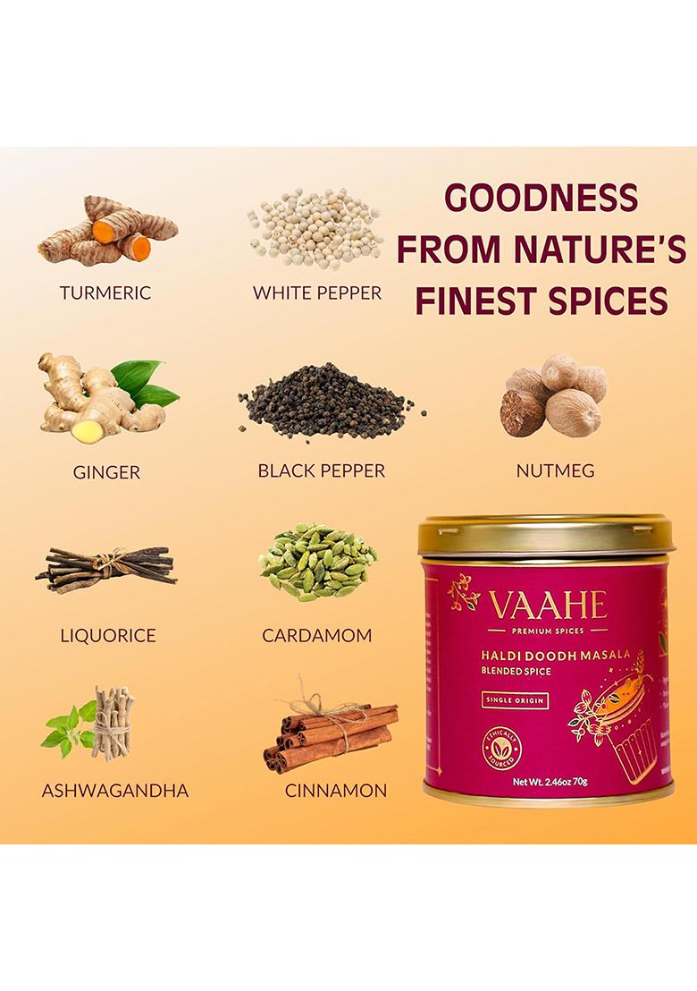 Vaahe Premium Haldi Doodh Masala | Ashwagandha And Mulethi Golden Milk Powder Freshly Ground Packed 100% Pure Natural Tin Box (70 Gm)