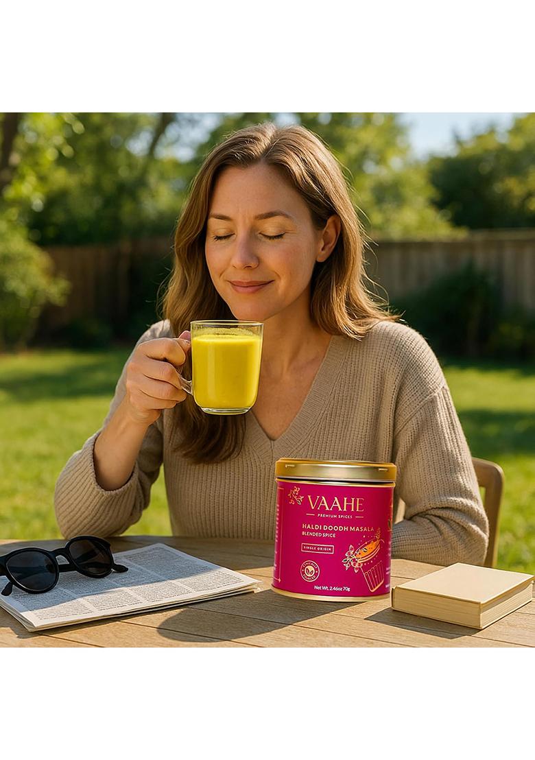 Vaahe Premium Haldi Doodh Masala | Ashwagandha And Mulethi Golden Milk Powder Freshly Ground Packed 100% Pure Natural Tin Box (70 Gm)