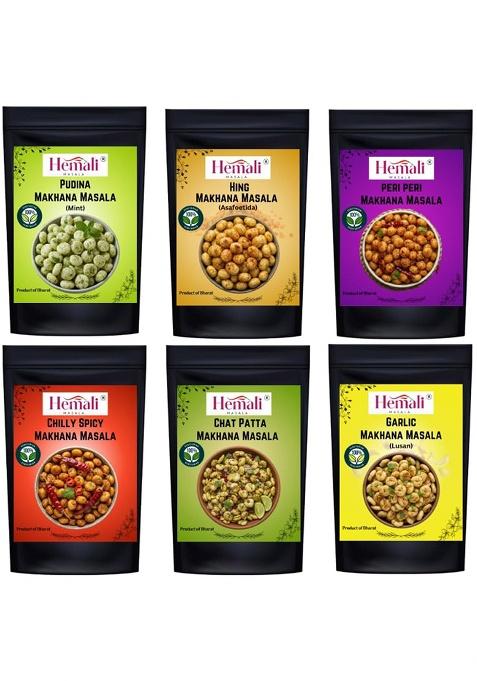 Hemali Masala Flavour Makhana Powder | Pudina (Mint), Garlic, Peri Peri, Chilly, Chat Patta, Hing (Asafoetida) Fox Nuts 300G Authentic Taste No Preservatives & Artificial Flavours Pack Of 6