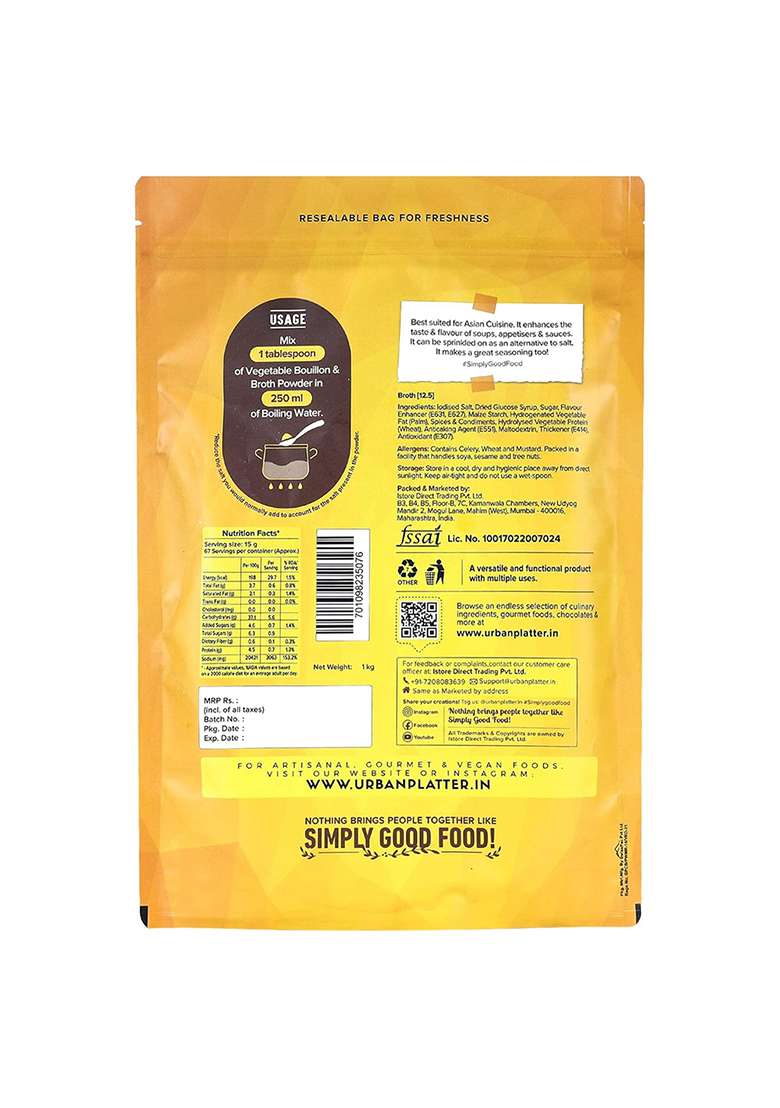 Urban Platter Vegetable Bouillon & Broth Powder, 1Kg (Plant-Based | Instant Stock Msg-Free Umami-Rich) - Indya