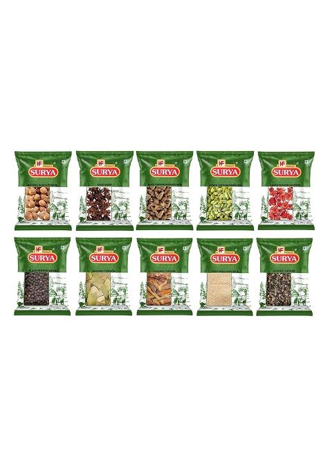 Surya Hf, Masale 200G Whole Spice Combo Pack Nutmeg Star Anise Black Cardamom Green Mace Flower Pepper Bayleaf Cinnamon Poppy Seeds Clove 20G Each Of 10