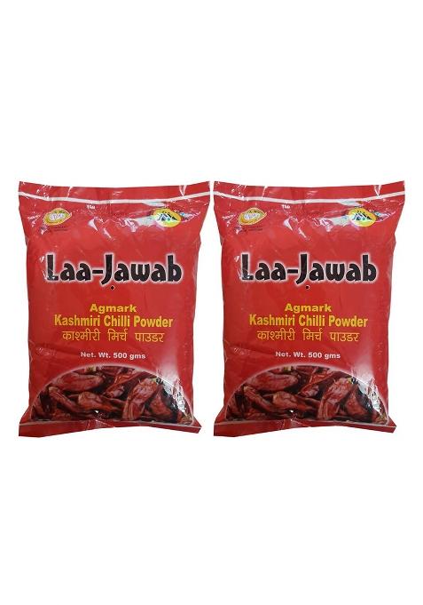 Laa-Jawab Kashmiri Red Chilli Powder | Pure, Authentic Lal Mirch Rich Color & Aroma 500G X 2 Packs (1Kg)