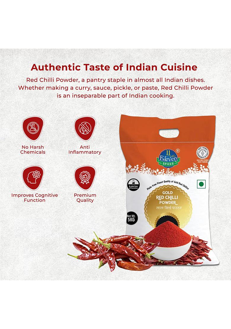 11 Eleven Spices Gold Chilli Powder | Pure & Natural Lal Mirch Spicy Red Masala For Cooking No Added Colours, Flavours Or Preservatives Hot Aromatic Indian Spice Curries, Gravies, Marinades (1 Kg)