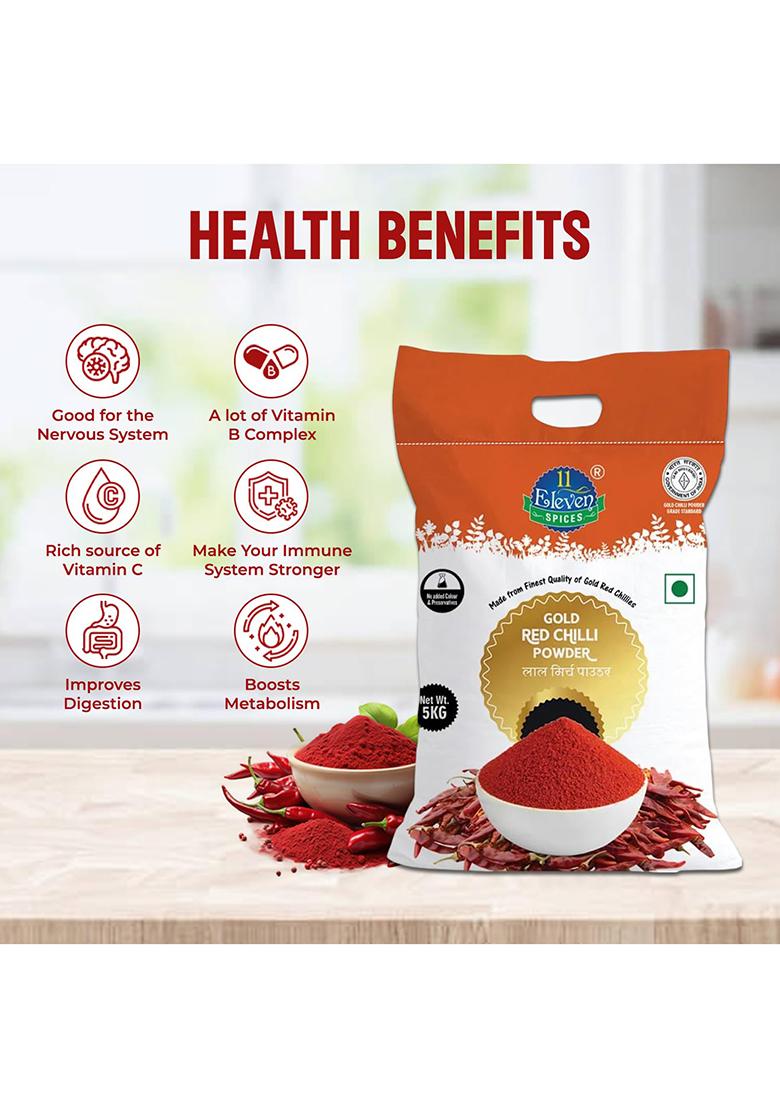 11 Eleven Spices Gold Chilli Powder | Pure & Natural Lal Mirch Spicy Red Masala For Cooking No Added Colours, Flavours Or Preservatives Hot Aromatic Indian Spice Curries, Gravies, Marinades (1 Kg)