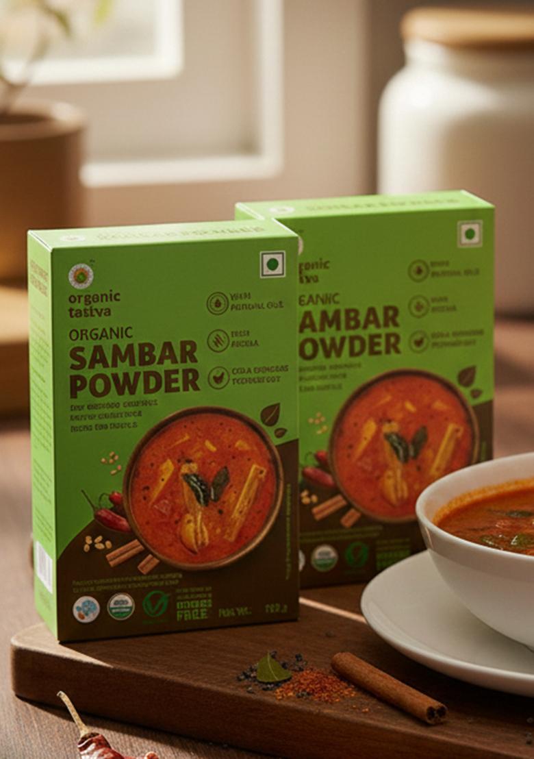 Organic Tattva Tattva, Sambar Powder 200 Gram | Authentic South Indian Flavor |Pesticide And Chemical Free With Natural Oils Rich Aroma Naturally Gluten (Pack Of 2-100Gm Each)