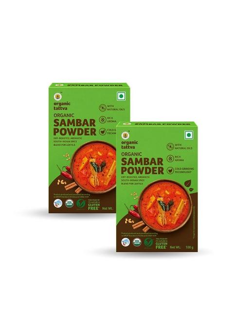 Organic Tattva Tattva, Sambar Powder 200 Gram | Authentic South Indian Flavor |Pesticide And Chemical Free With Natural Oils Rich Aroma Naturally Gluten (Pack Of 2-100Gm Each)