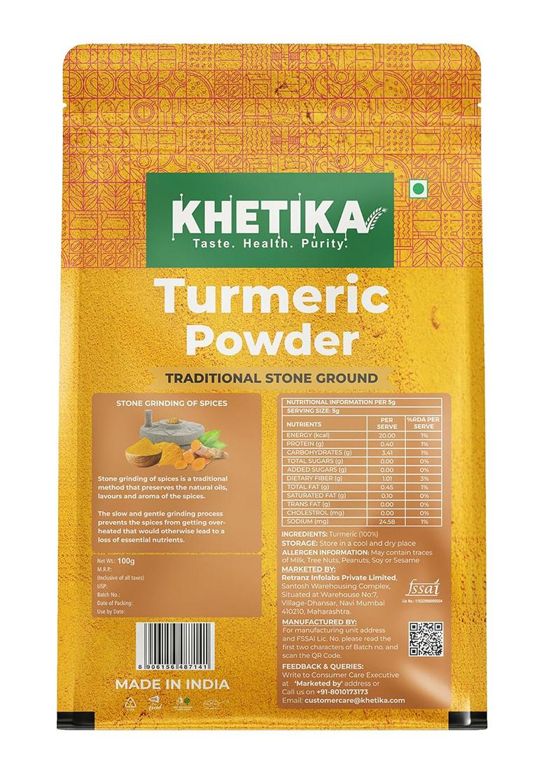 Khetika Turmeric Powder 100G | Toxin Free Haldi Traditional Stone Ground High Curcumin & Natural Oils No Artificial Colours Authentic Taste Aroma