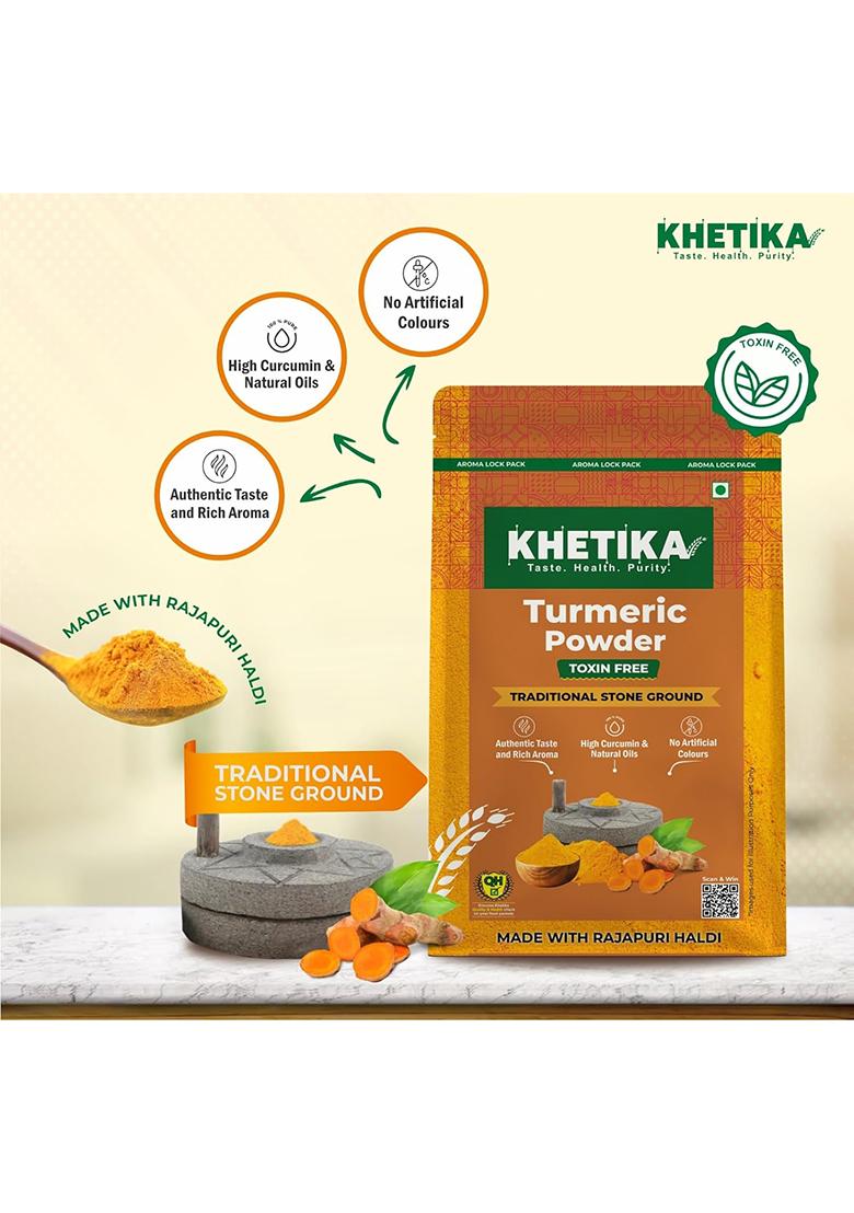 Khetika Turmeric Powder 100G | Toxin Free Haldi Traditional Stone Ground High Curcumin & Natural Oils No Artificial Colours Authentic Taste Aroma