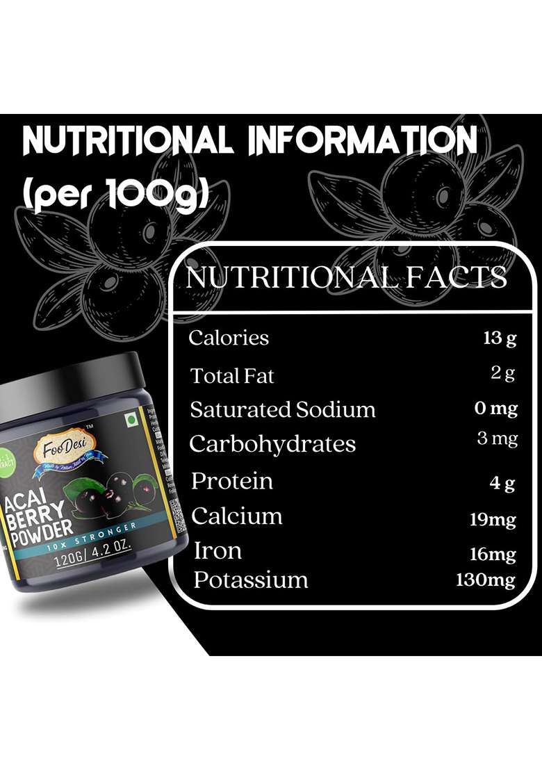 Foodesi Acai Berry Powder -120Grm | Natural Energy Boost & Immune Support High Antioxidants Nutrients 120G, Non-Gmo, Vegan - Indya