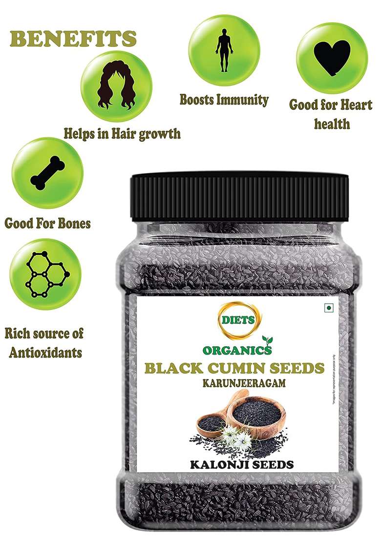 Diets Organics Black Cumin Seeds -500 G, Karunjeeragam, Kala Jeera, Kalonji Seeds- 500 Grams - Indya