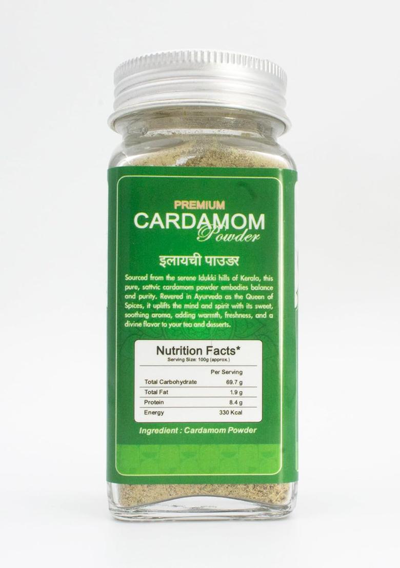 Sattvic Essence Premium Cardamom Powder | Pure & Natural Elaichi Aromatic Fresh Ground Spice For Sweets, Tea Cooking No Preservatives Glass Jar Pack (45G)
