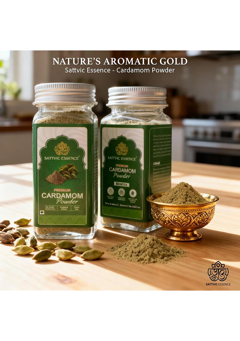 Sattvic Essence Premium Cardamom Powder | Pure & Natural Elaichi Aromatic Fresh Ground Spice For Sweets, Tea Cooking No Preservatives Glass Jar Pack (45G)