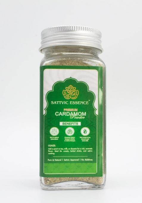 Sattvic Essence Premium Cardamom Powder | Pure & Natural Elaichi Aromatic Fresh Ground Spice For Sweets, Tea Cooking No Preservatives Glass Jar Pack (45G)